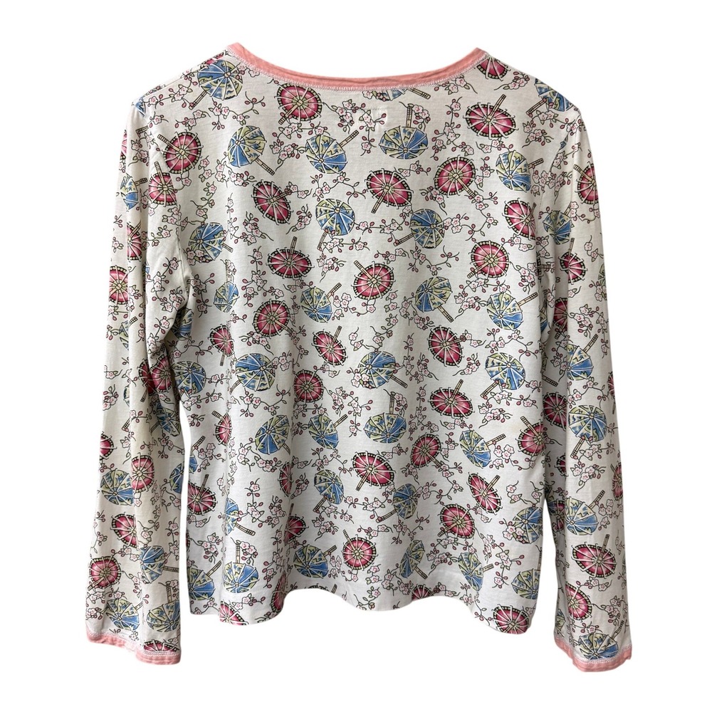 Green Cotton Womens Parasol Cherry Blossom V-Neck Long Sleeve Lounge Top Small - Picture 9 of 11